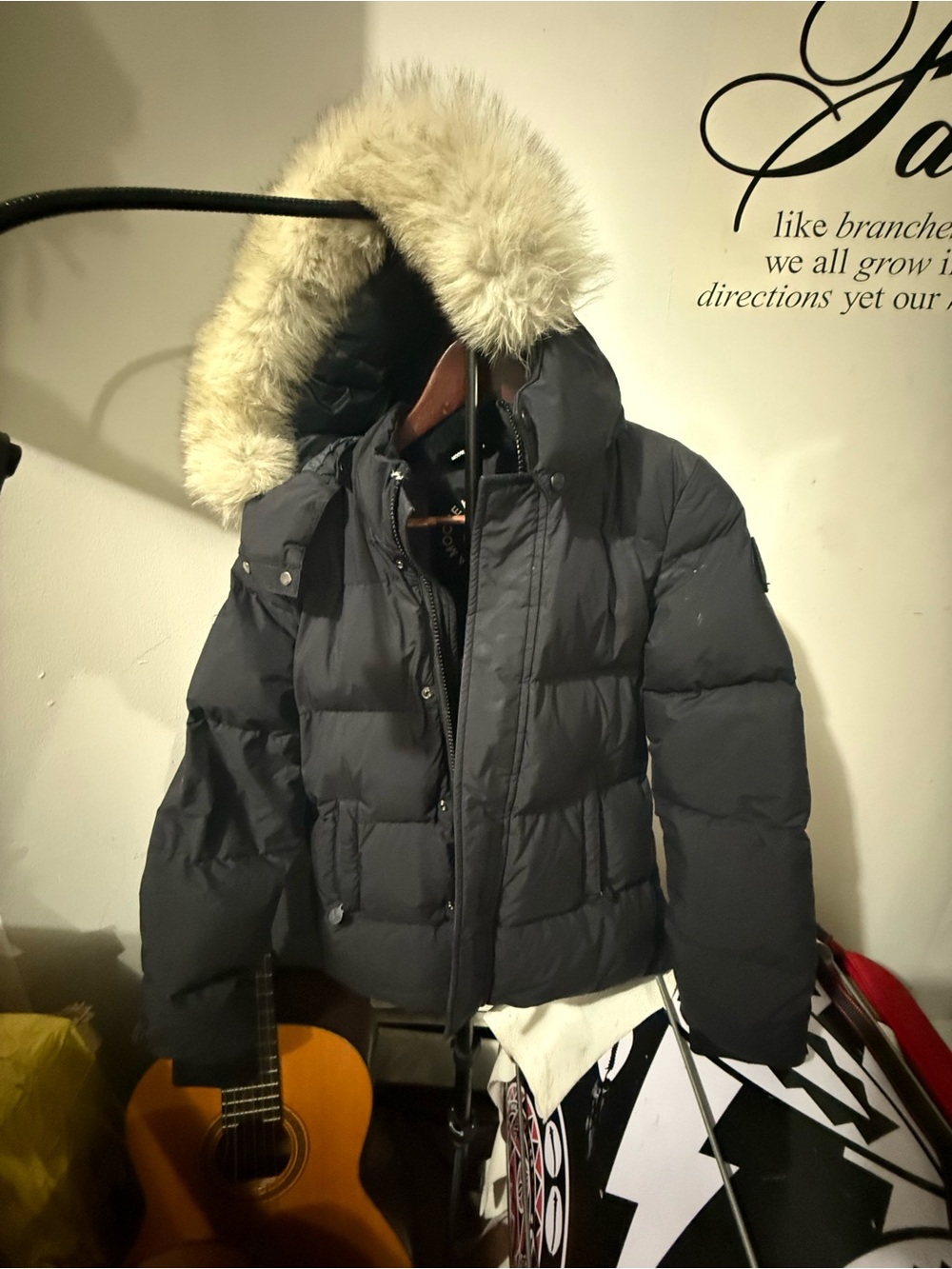 Moose Knuckles Black Puffer Jacket with Faux Fur Trim